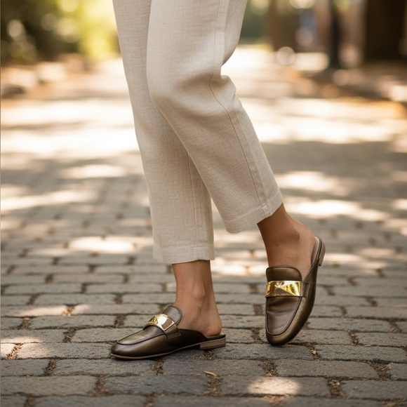 Taryn Rose Shoes - Taryn Rose metallic bronze leather slip-on mules with gold-tone hardware